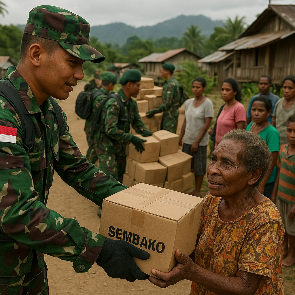 Prajurit Satgas Yonif Raider 300 Bagikan 1.000 Paket Sembako ke Warga Perbatasan Papua