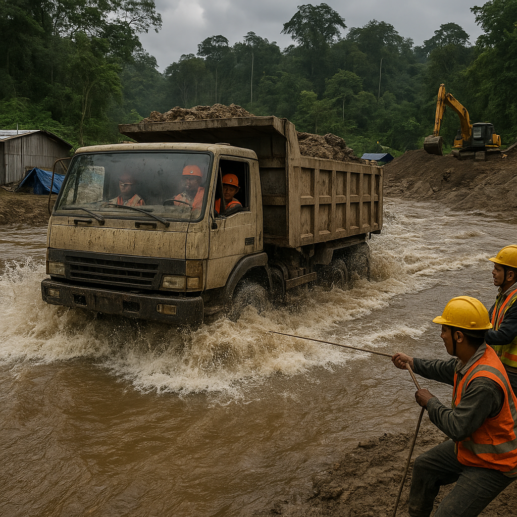 Proyek Jalan Trans-Papua Segmen Merauke-Keerom: Truk Pengangkut Material Terpaksa Lewati Sungai dengan Arus Deras