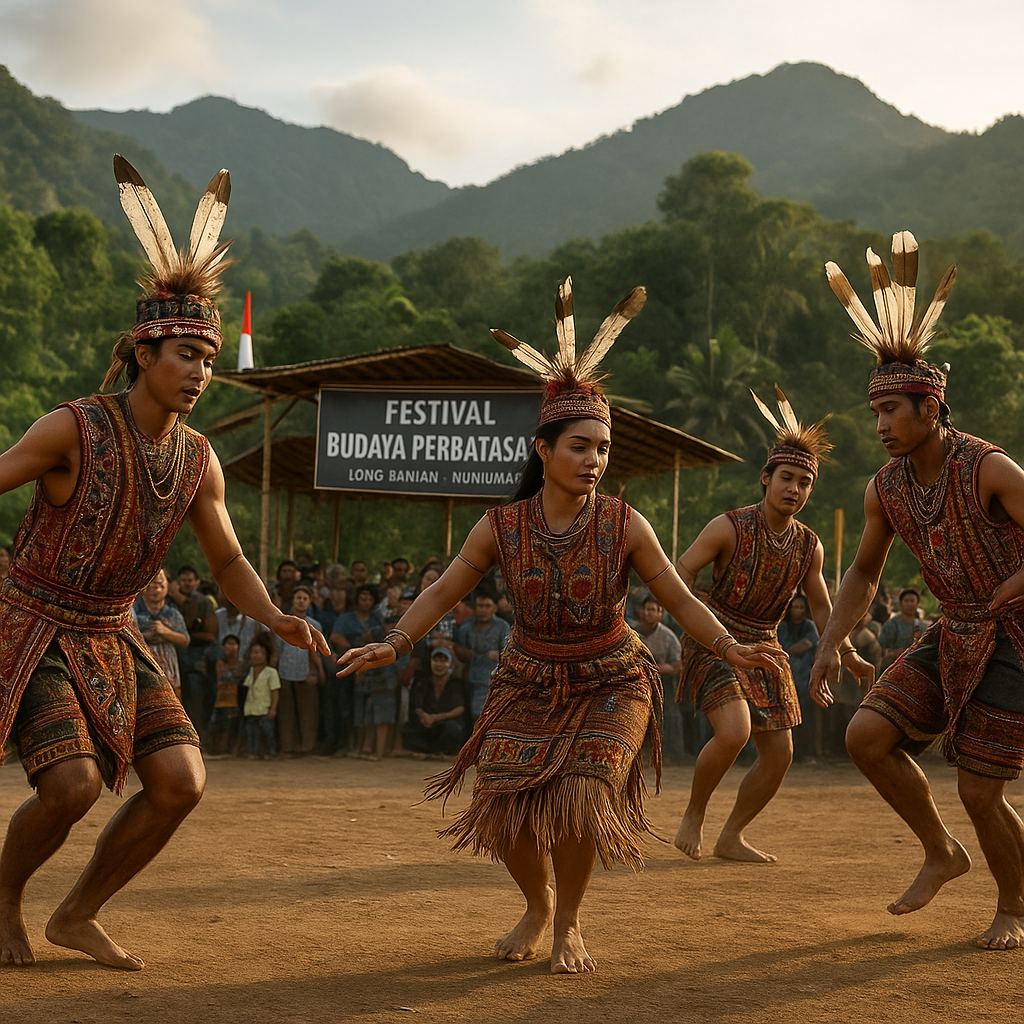Festival Budaya Perbatasan di Long Bawan: Tarian Tradisional Dilakukan di Lapangan Tanah, dengan Latar Gunung dan Hutan