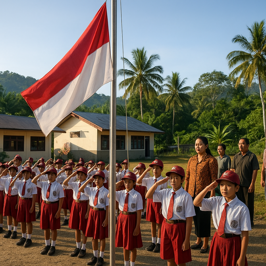 Anak-anak Sekolah di Perbatasan Kalimantan-Malaysia Ikuti Upacara Bendera dengan Semangat Tinggi