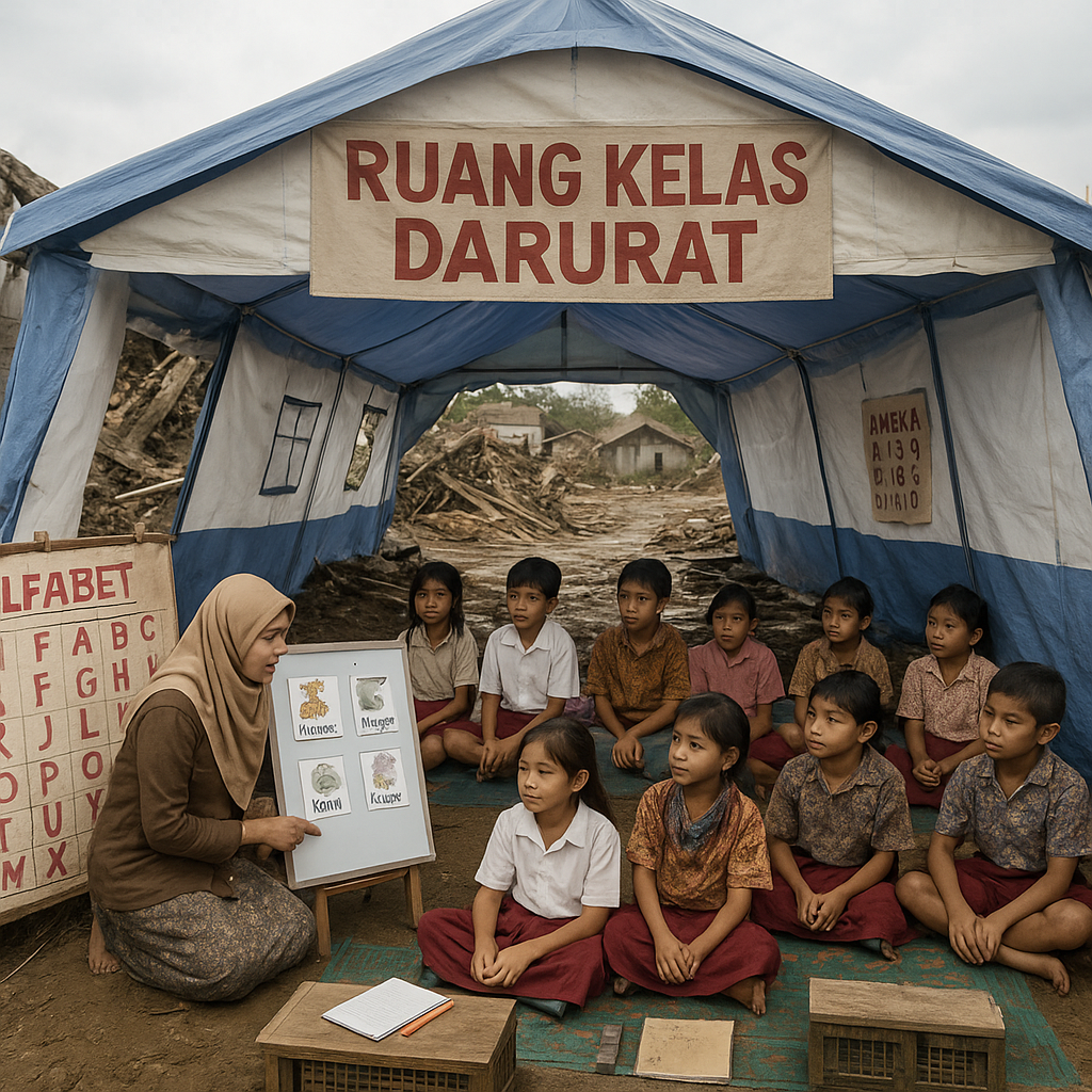 Ruang Kelas Darurat Pasca-Banjir di Perbatasan Kalimantan: Belajar di Tengah Runtuhan