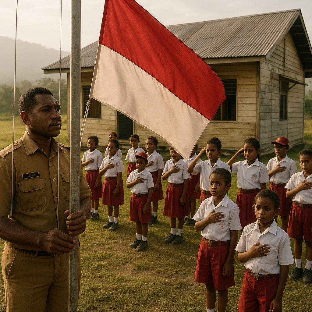 Upacara Bendera di SD Terpencil Perbatasan Papua Nugini, Guru PNS Relawan Mengibarkan Merah Putih