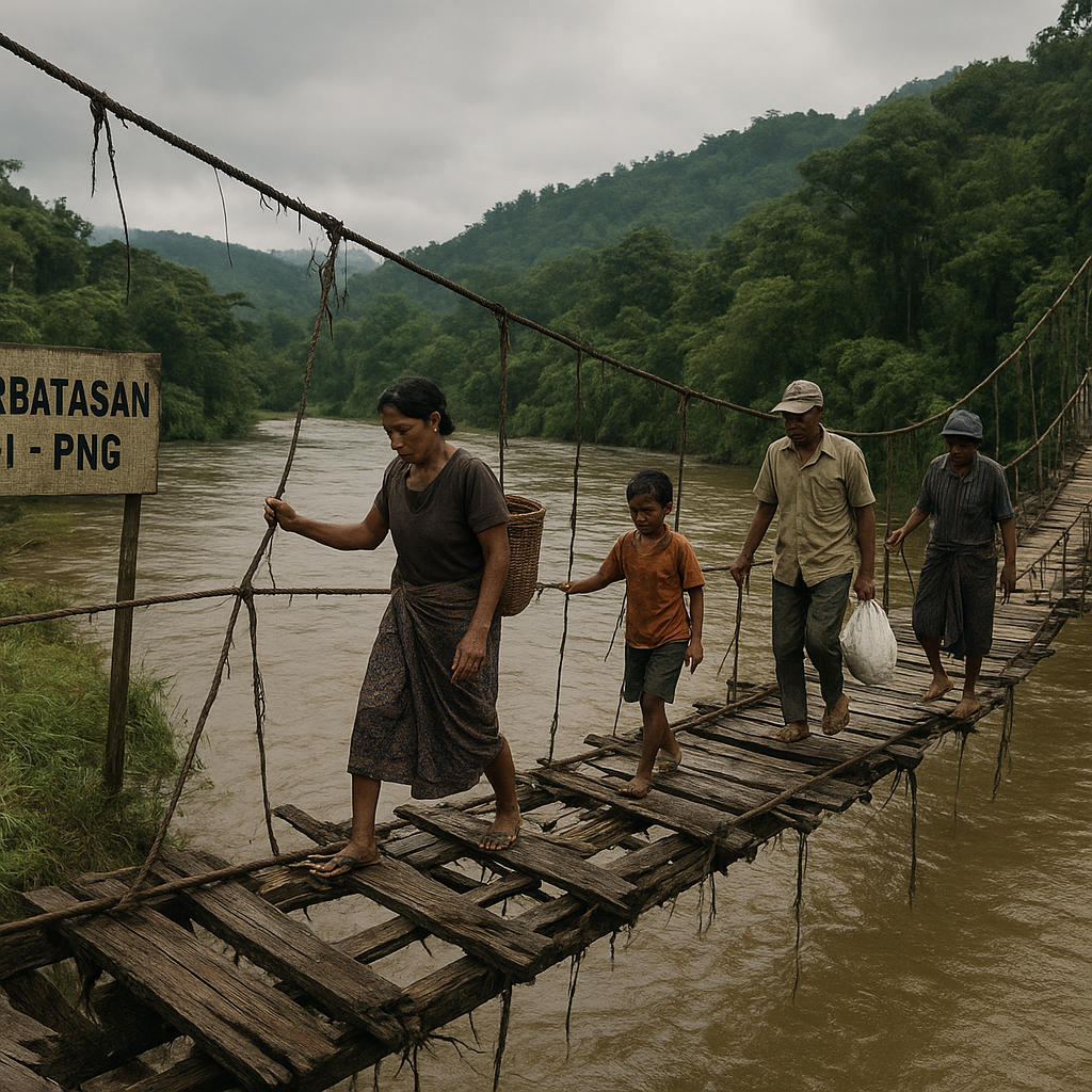 Foto: Jembatan Gantung Rusak di Perbatasan RI-PNG, Warga Atangga Masih Menyeberang dengan Resiko