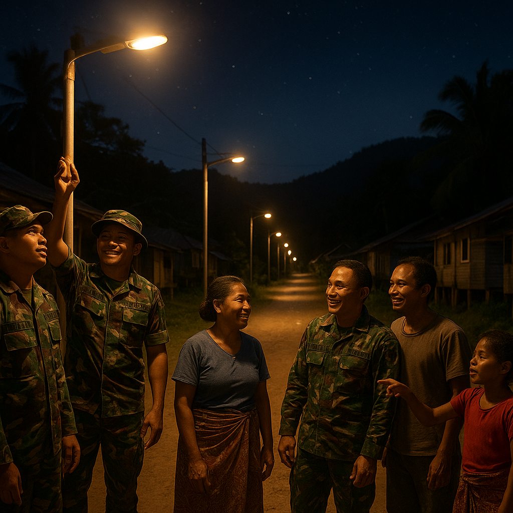 Satgas Yonif 126/Kala Cakti Terangi Perbatasan Papua dengan Lampu Jalan