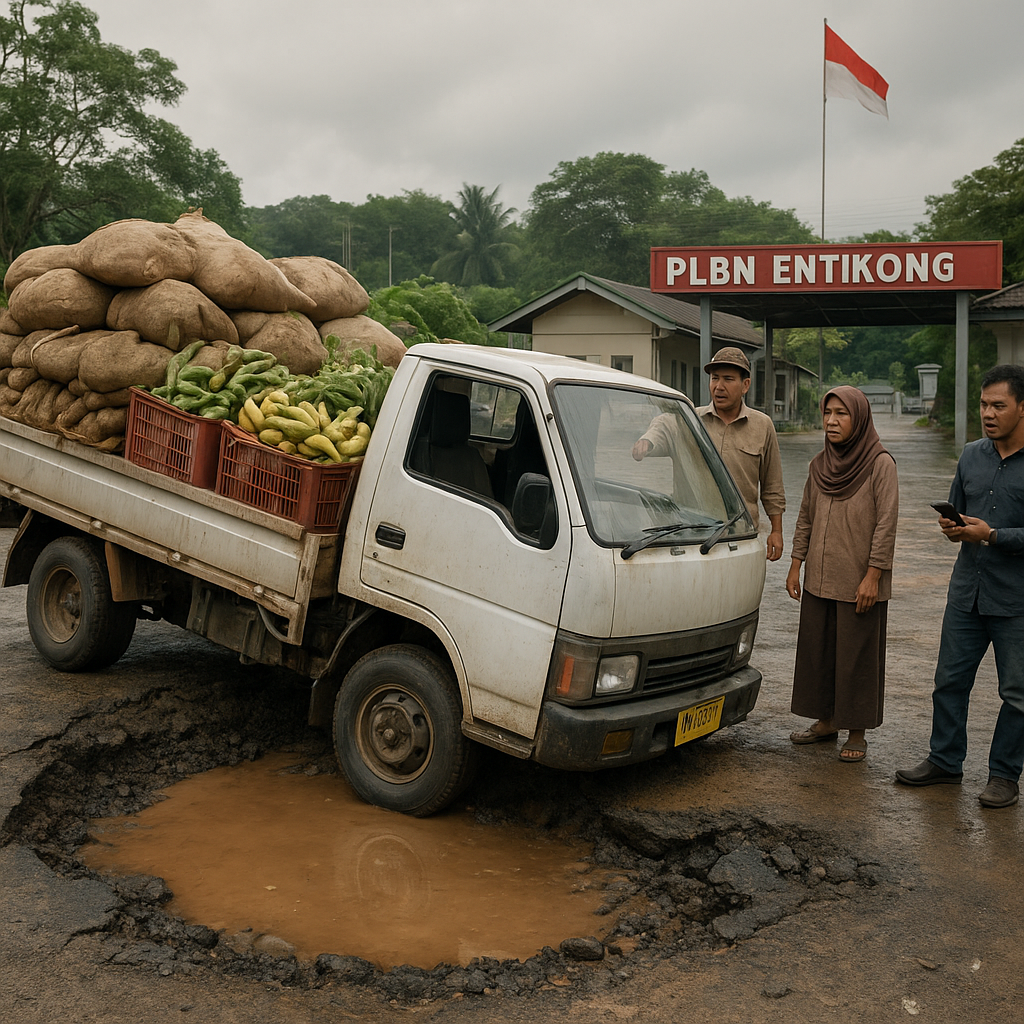 Jalan Berlubang & Truk Pengangkut Hasil Bumi Terperosok di Perbatasan Entikong