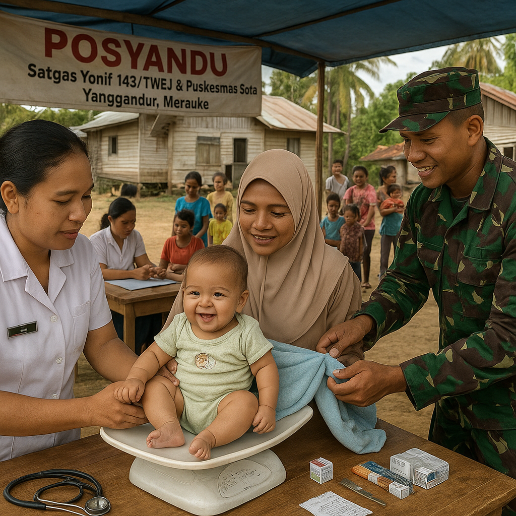 Satgas Yonif 143/TWEJ dan Puskesmas Sota Gelar Posyandu untuk Warga Perbatasan Merauke