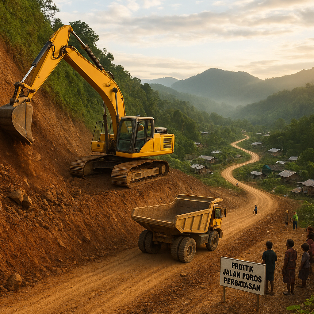 Proyek Jalan Poros Perbatasan RI-PNG di Papua: Mengeruk Lereng Bukit, Menyatukan Kampung Terpencil