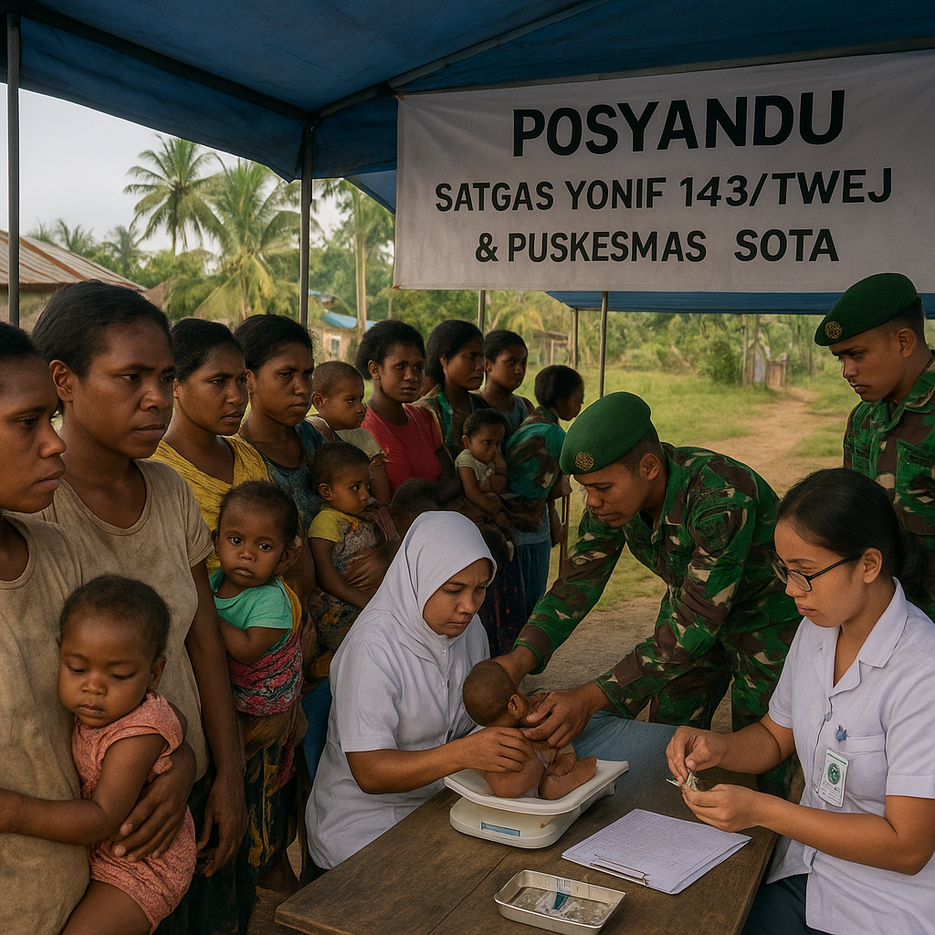 Satgas Yonif 143/TWEJ dan Puskesmas Sota Gelar Posyandu untuk Warga Perbatasan Merauke