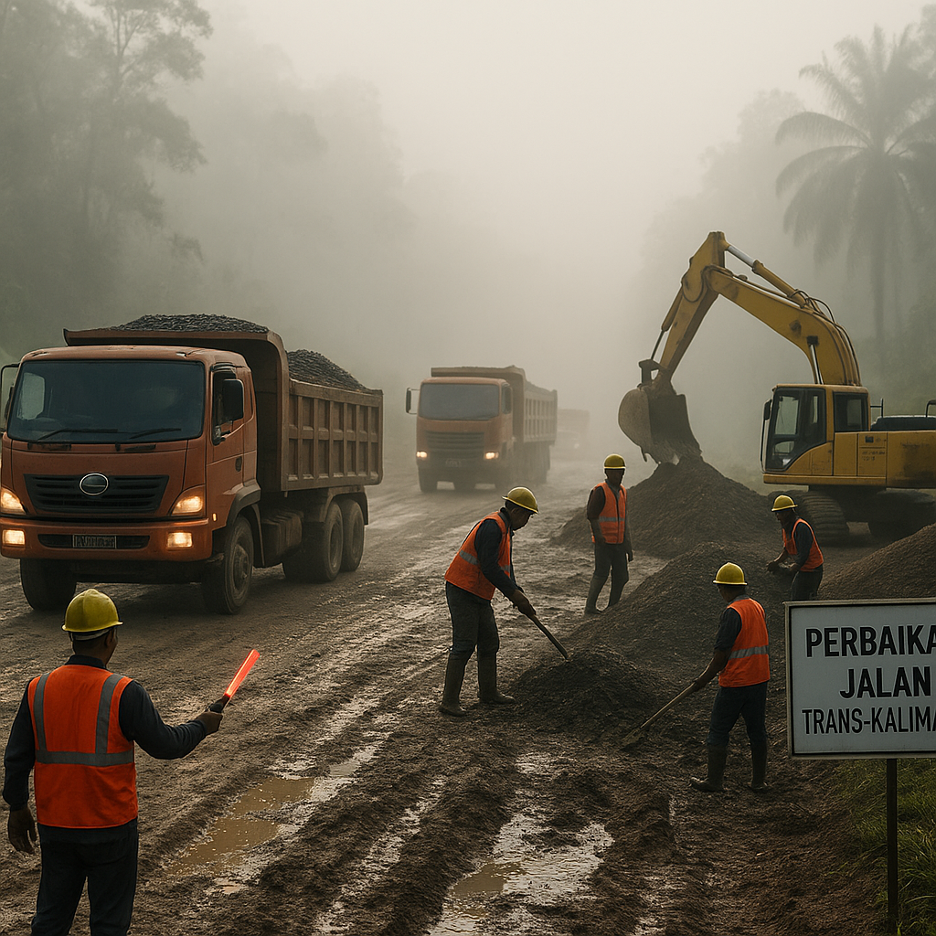 Perbaikan Jalan Trans-Kalimantan: Truk-truk Pengangkut Material Menembus Kabut Pagi