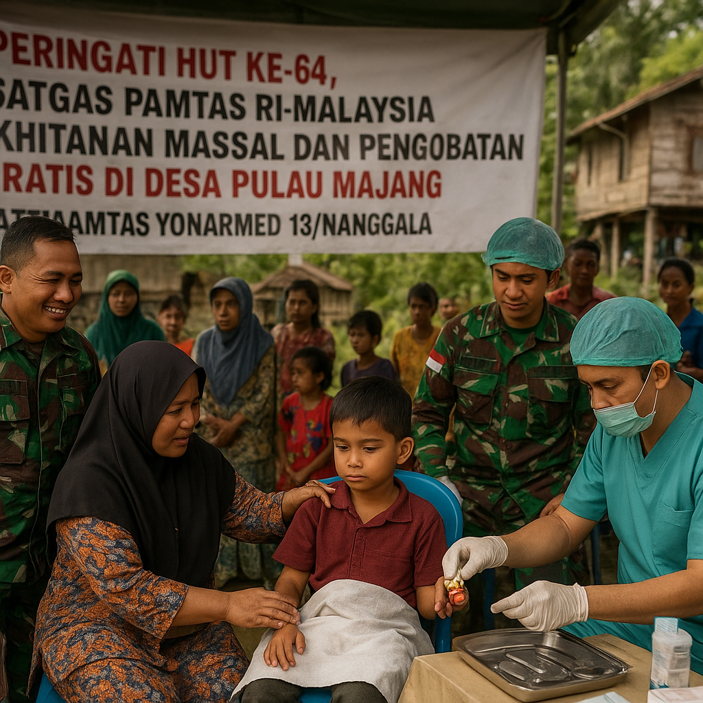 Peringati HUT Ke-64, Satgas Pamtas RI-Malaysia Gelar Khitanan Massal dan Pengobatan Gratis di Desa Pulau Majang