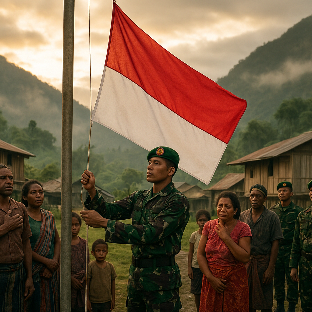 Momen Haru di Perbatasan Papua, Satgas Yonif 407/Padma Kusuma Kibarkan Merah Putih Perdana di Kampung Oksip