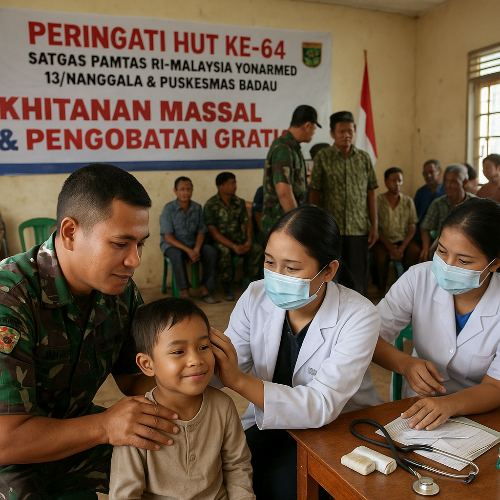 Peringati HUT Ke-64, Satgas Pamtas RI-Malaysia Yonarmed 13/Nanggala Gandeng Puskesmas Badau Gelar Khitanan Massal dan Pengobatan Gratis di Desa Pulau Majang