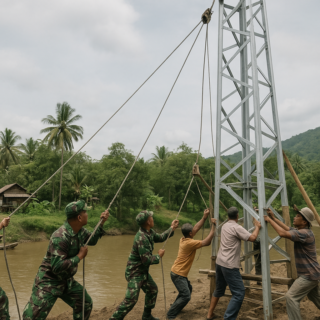 Perakitan Tiang Pylon Jadi Fokus Pekerjaan, TNI Lanjutkan Pembangunan Jembatan Gantung Perintis Garuda di Desa Karya Bersama Pasangkayu