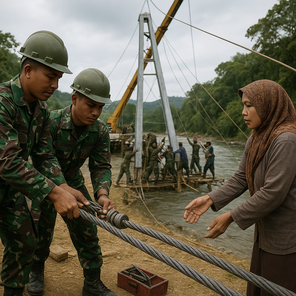 Perakitan Tiang Pylon Jadi Fokus Pekerjaan, TNI Lanjutkan Pembangunan Jembatan Gantung Perintis Garuda di Pasangkayu