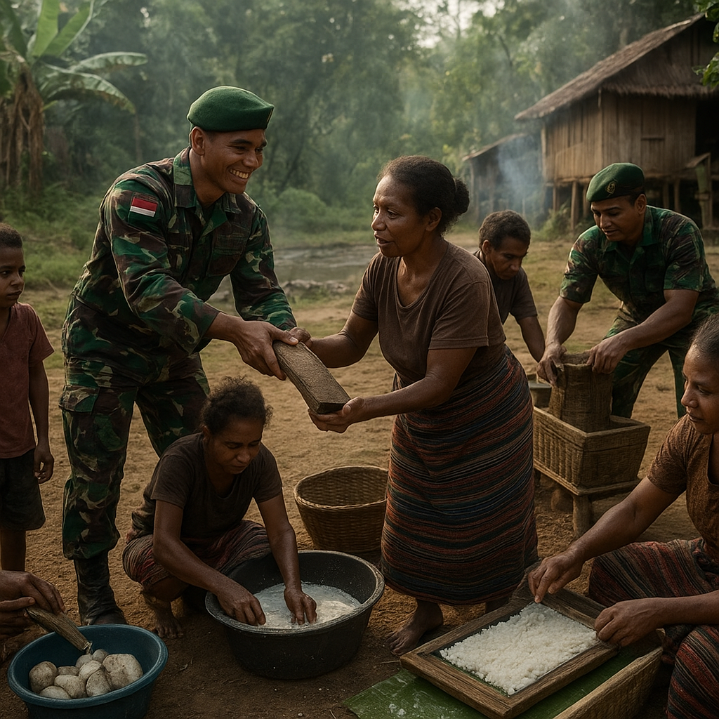 Satgas Yonif 121/Macan Kumbang dan Warga Keerom Eratkan Harmoni Lewat Olah Sagu