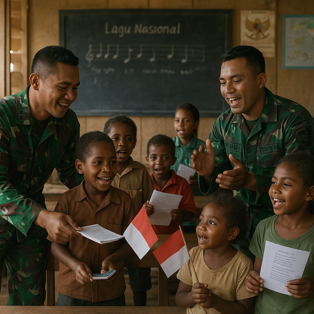 Satgas Pamtas Yonif 132 Bagikan Alat Tulis dan Ajarkan Lagu Nasional ke Anak-anak Perbatasan Papua