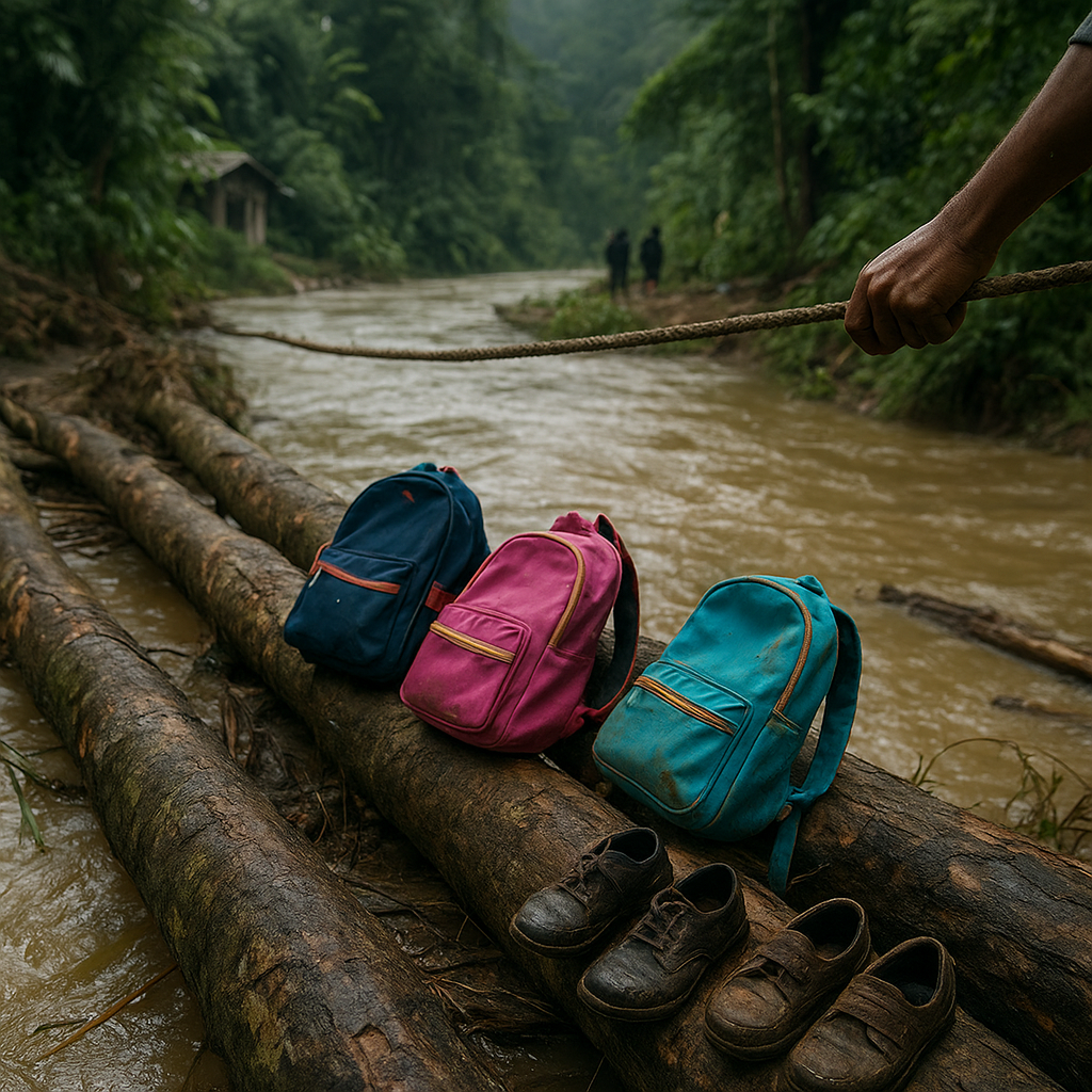 Jembatan Darurat di Perbatasan Papua: Kisah Anak Sekolah Menyeberangi Sungai yang Meluap