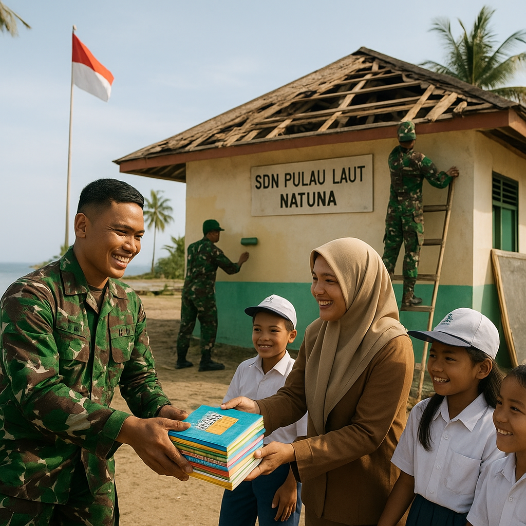 Prajurit TNI Bantu Perbaiki Sekolah dan Bagikan Buku di Pulau Terdepan Natuna