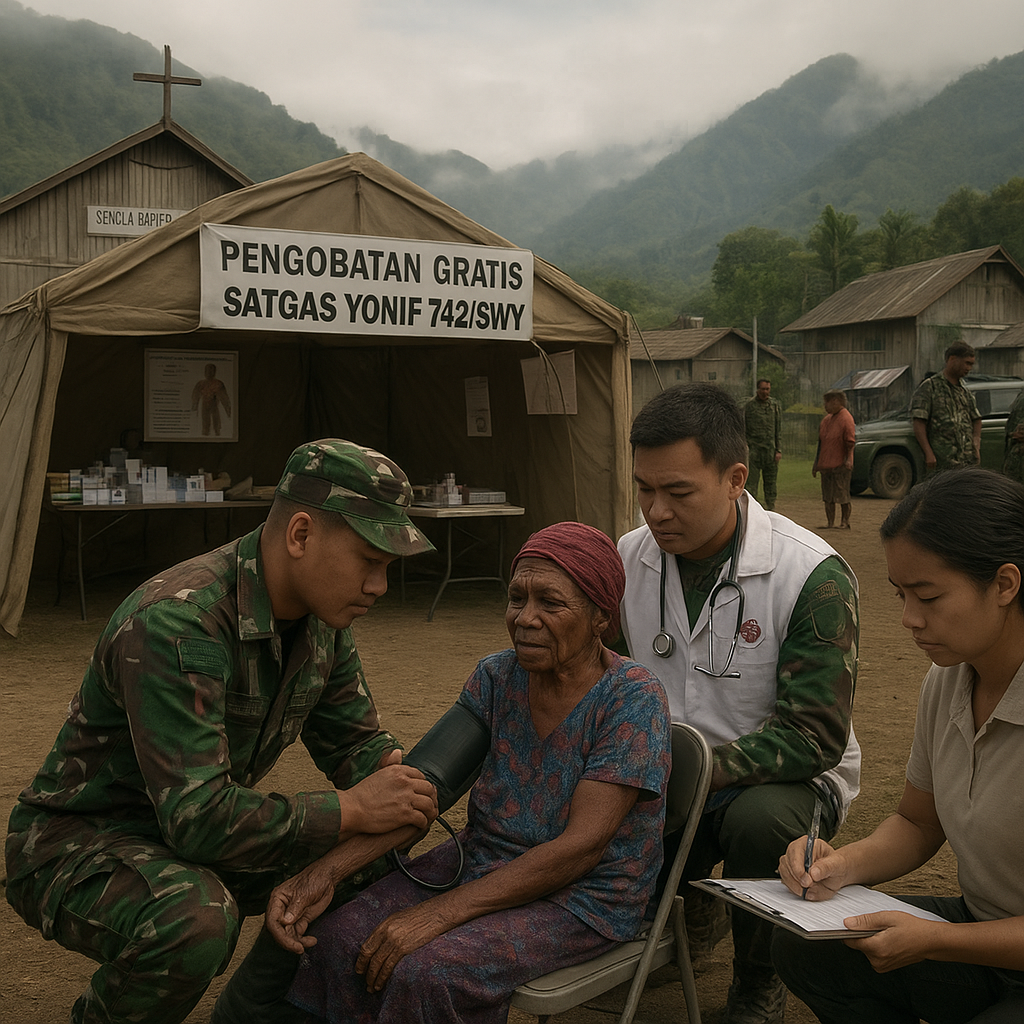 Satgas Yonif 742/SWY Jemput Bola: Dari Patroli ke Pengobatan Gratis di Kampung Tumbubur