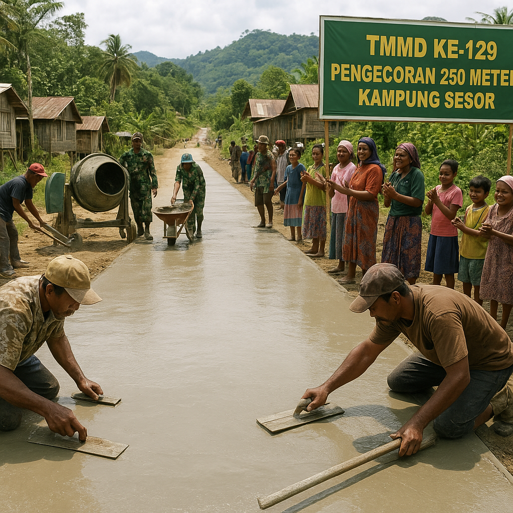 Sengatan Aspal di Kampung Sesor: Pengecoran 250 Meter Hasil TMMD Ubah Rupa Jalan Wayer