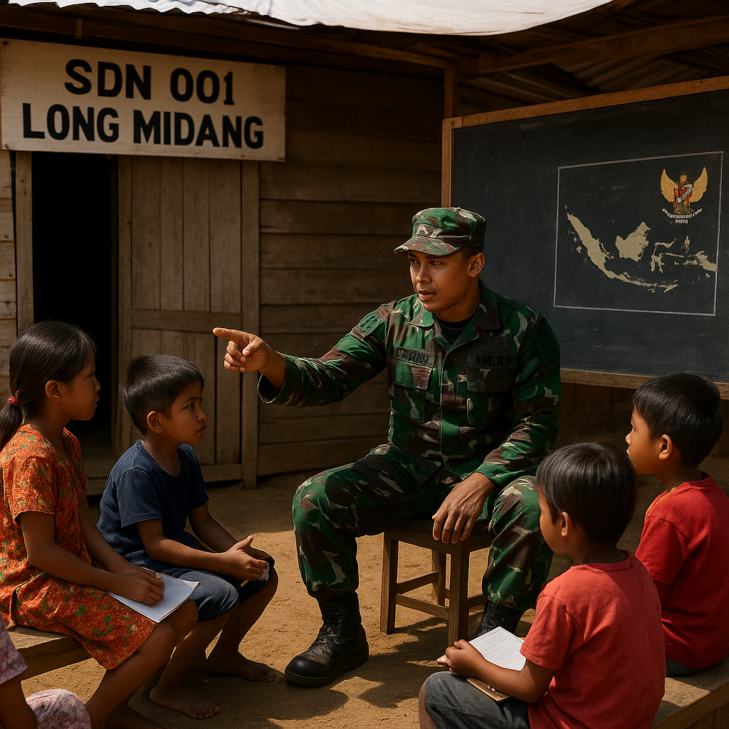 Prajurit TNI AD Bantu Mengajar di SD Perbatasan Malaysia, Anak-anak Belajar di Bawah Terik