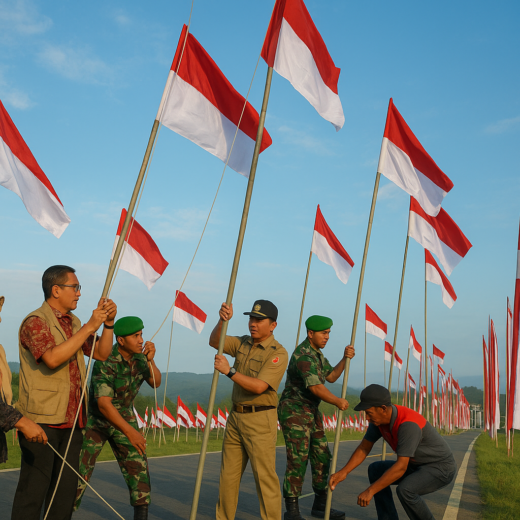 Semarak Merah Putih di PLBN Entikong: Forkopimcam Pasang Ratusan Bendera Sambut HUT RI