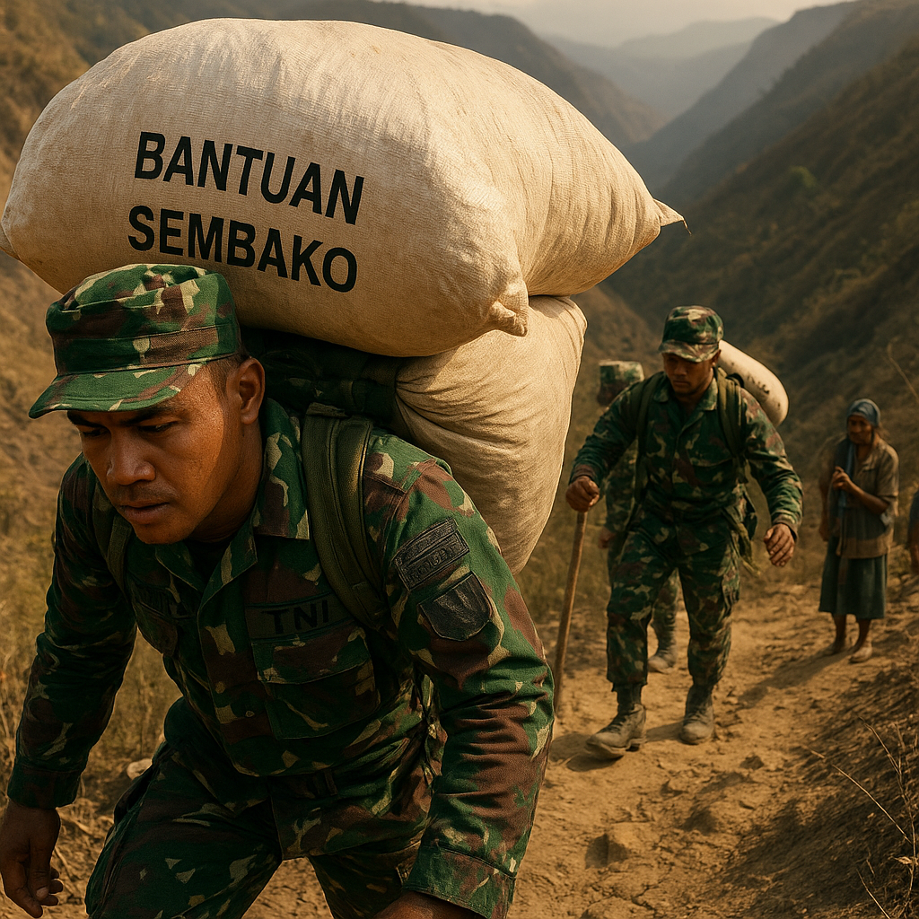 Prajurit Koops TNI Habema Pikul 2 Ton Sembako Lewati Lereng Curam dan Lembah untuk Warga Papua yang Kekeringan