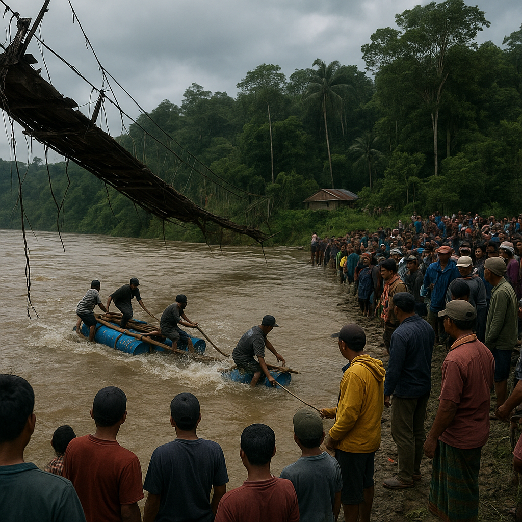 Jembatan Gantung Putus di Perbatasan Kalimantan, Warga Terpaksa Menyeberang dengan Rakit Darurat
