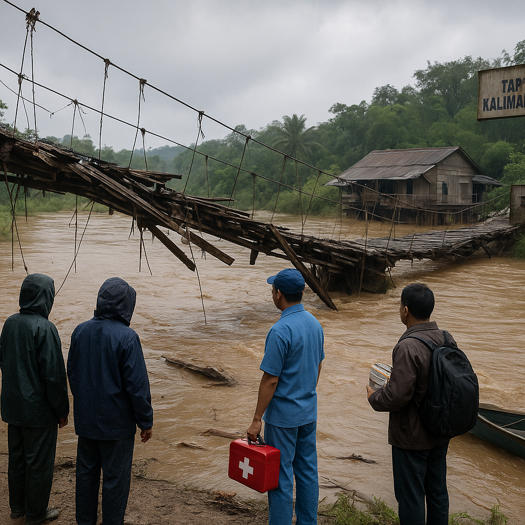 Jembatan Gantung Rusak Parah, Warga Perbatasan Kalimantan-Malaysia Terisolasi Saat Banjir