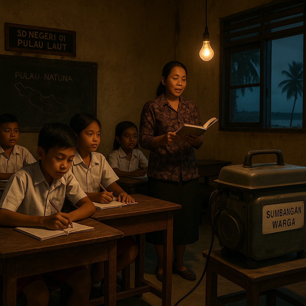Anak-anak Sekolah di Pulau Terdepan Natuna Belajar dengan Generator Sumbangan Warga