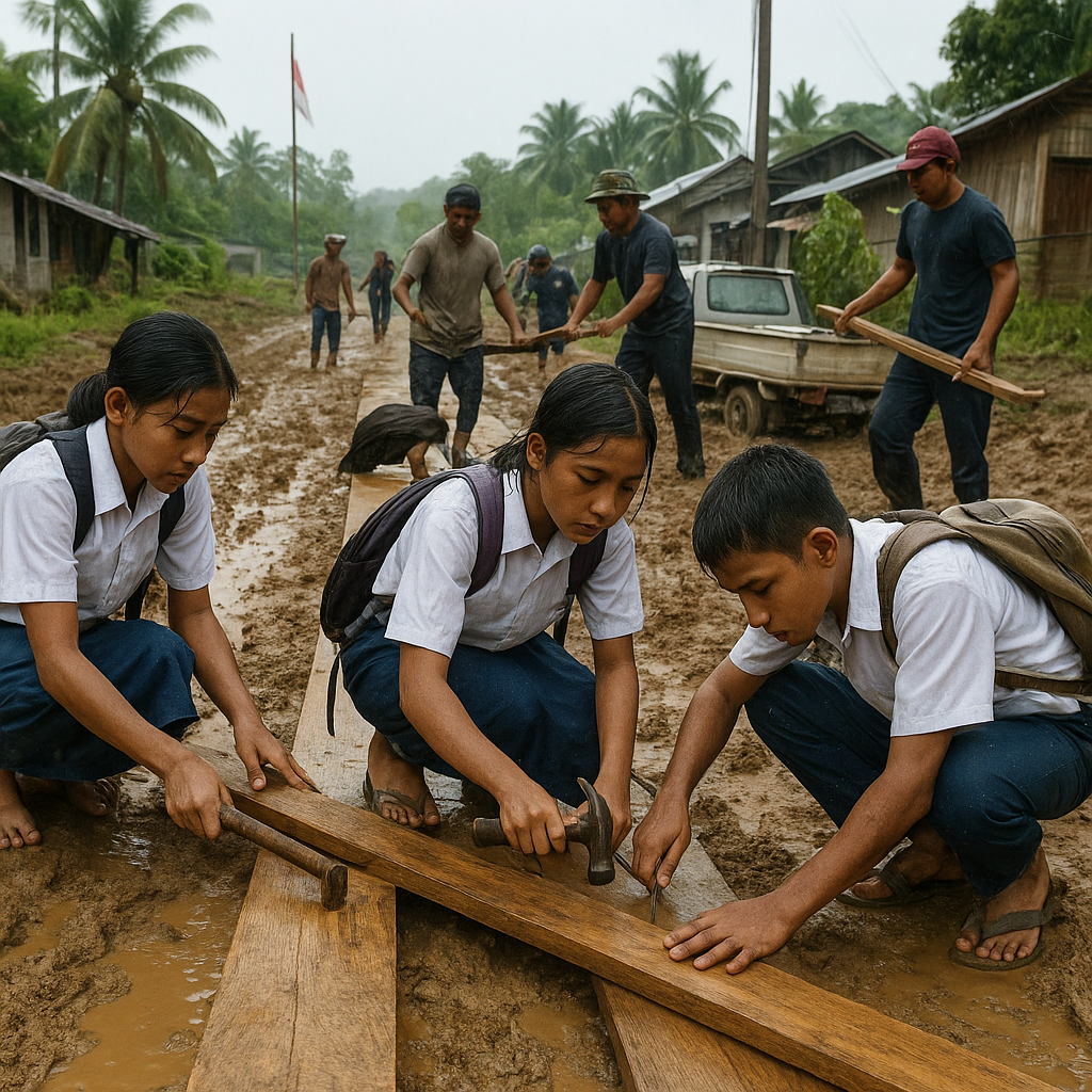 Akses Perbatasan RI–Malaysia di Krayan Berlumpur, Pelajar Kerja Bakti Demi Bisa Sekolah