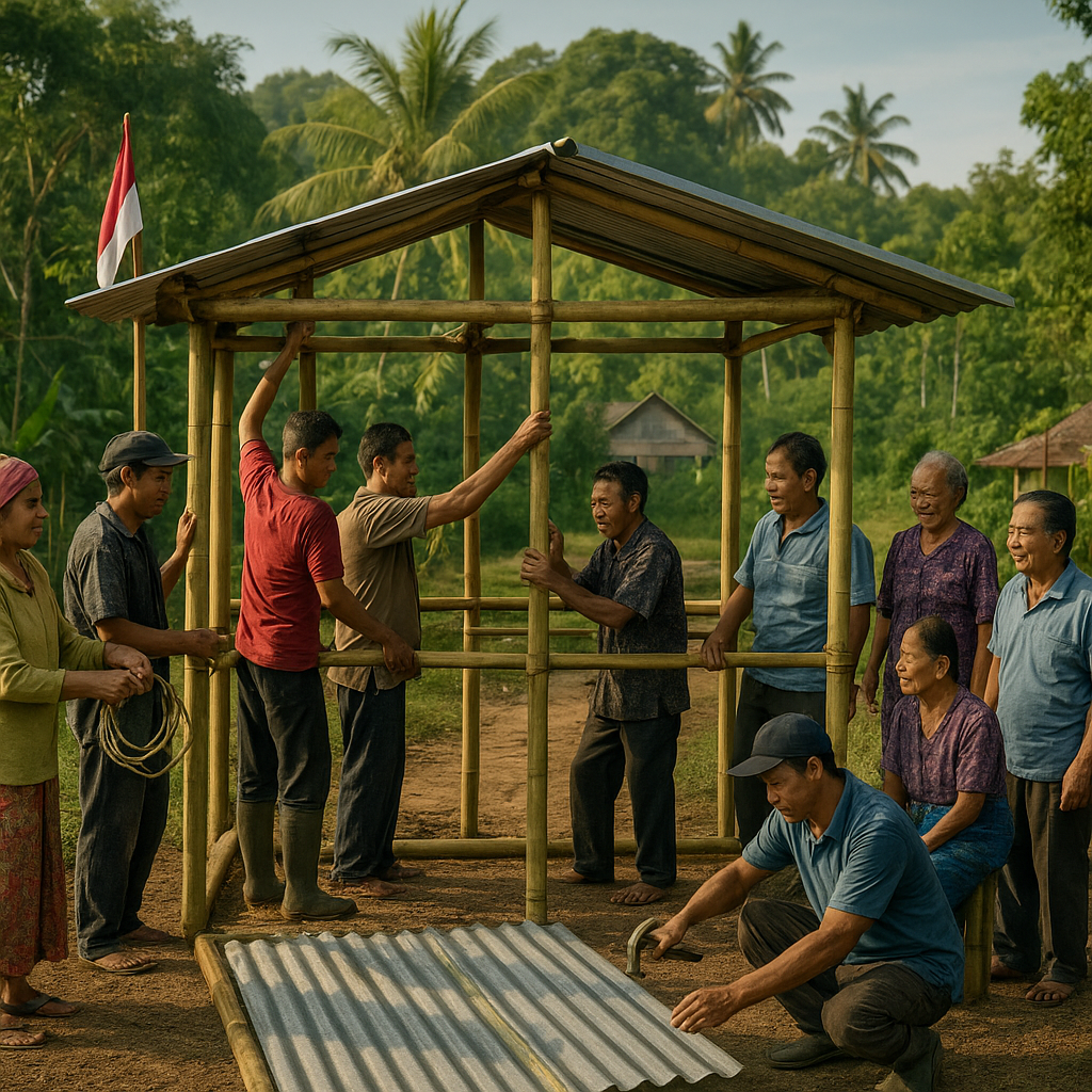 Warga Perbatasan Bengkayang Gotong Royong Bangun Pos Kamling dari Bambu
