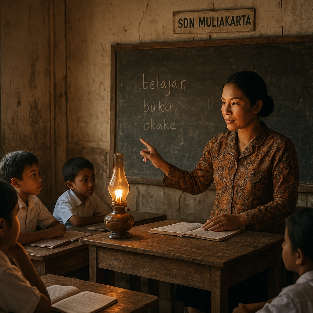 Guru SDN Perbatasan Muliakarta Mengajar dengan Lampu Tembaga dan Papan Kayu