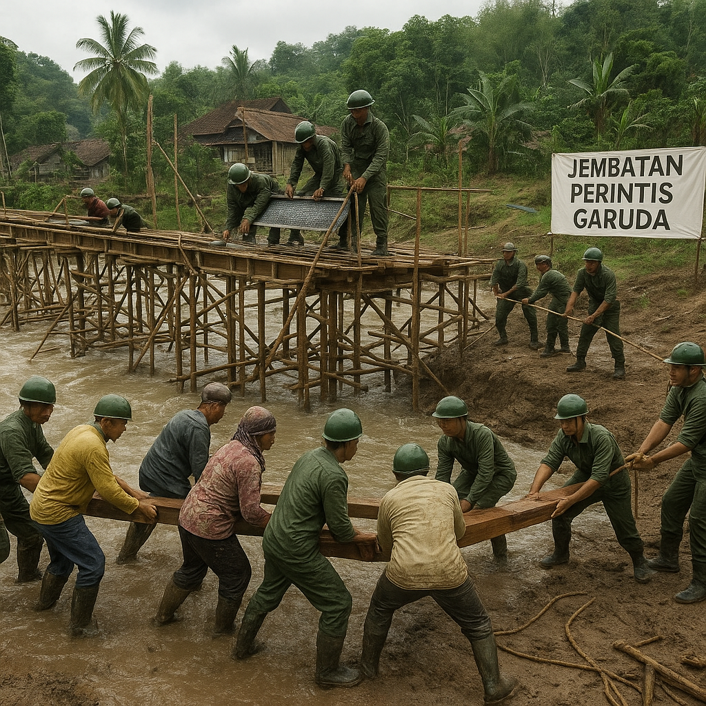 Warga dan TNI Gotong Royong Bangun Jembatan Perintis Garuda di Pandeglang