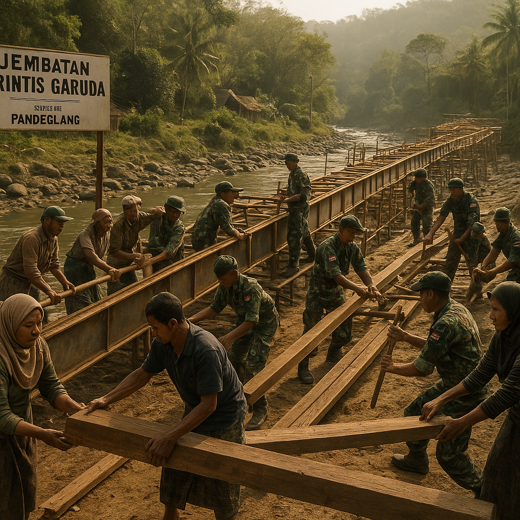 Warga dan TNI Gotong Royong Bangun Jembatan Perintis Garuda di Pandeglang