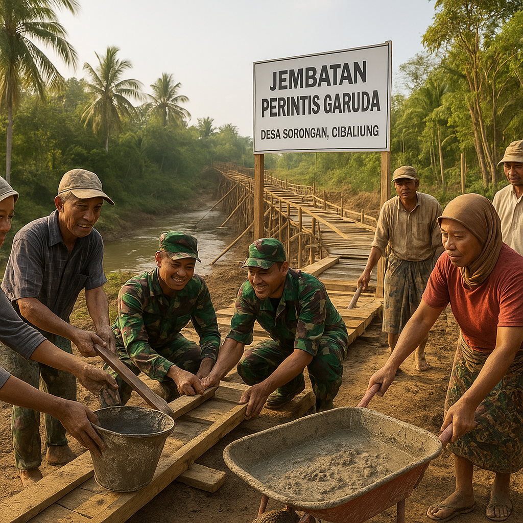 Warga dan TNI Gotong Royong Bangun Jembatan Perintis Garuda di Pandeglang