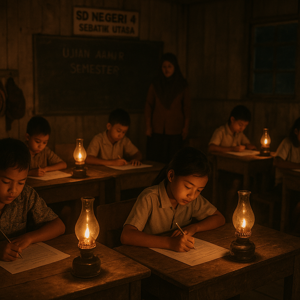 Anak-anak di Pulau Sebatik Ujian Sekolah dengan Penerangan Lampu Minyak Tanah