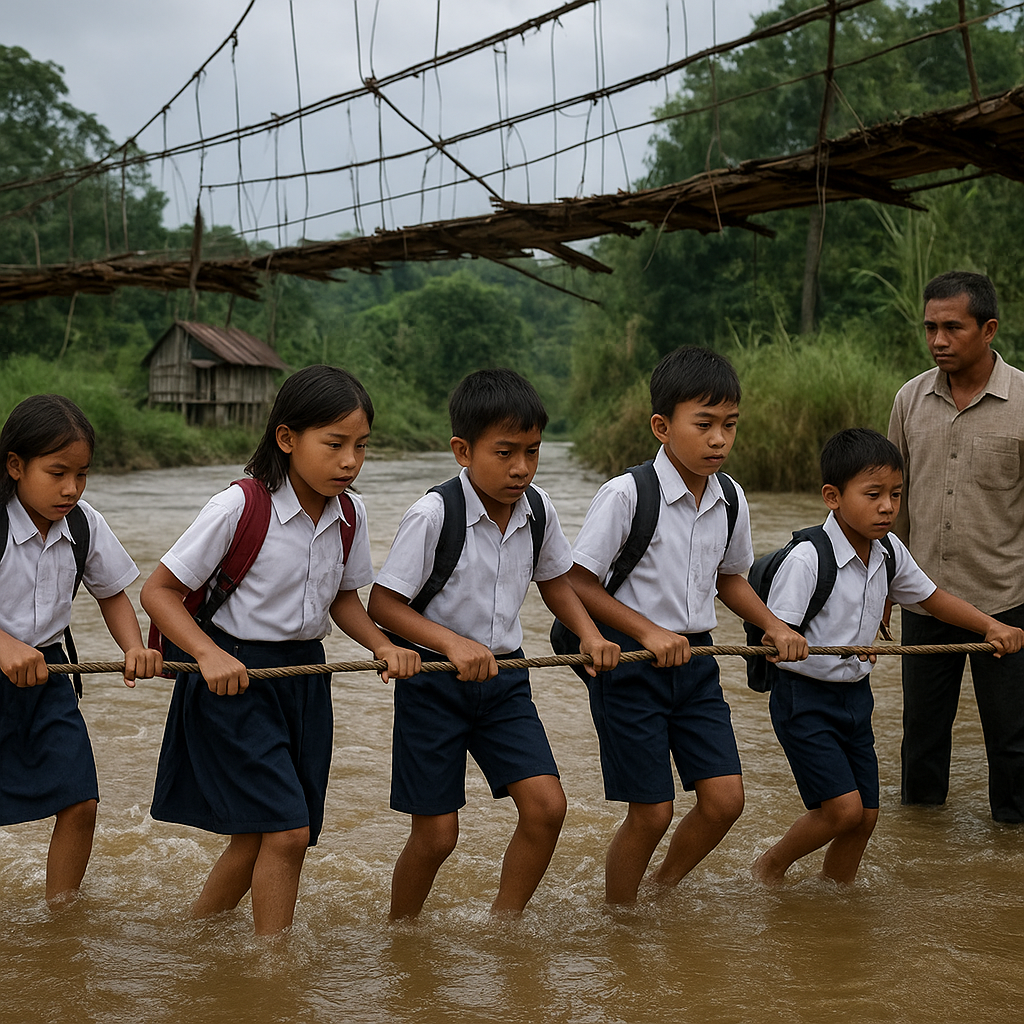 Jembatan Gantung Rusak, Anak Sekolah Perbatasan RI-Malaysia Terpaksa Menyeberangi Sungai Sambil Berpegangan Tali