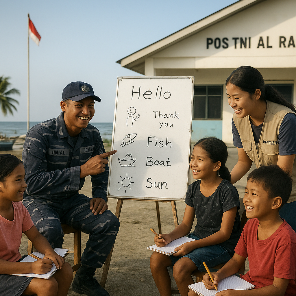 Anak-Anak Perbatasan Natuna Belajar Bahasa Inggris dari Relawan di Pos TNI
