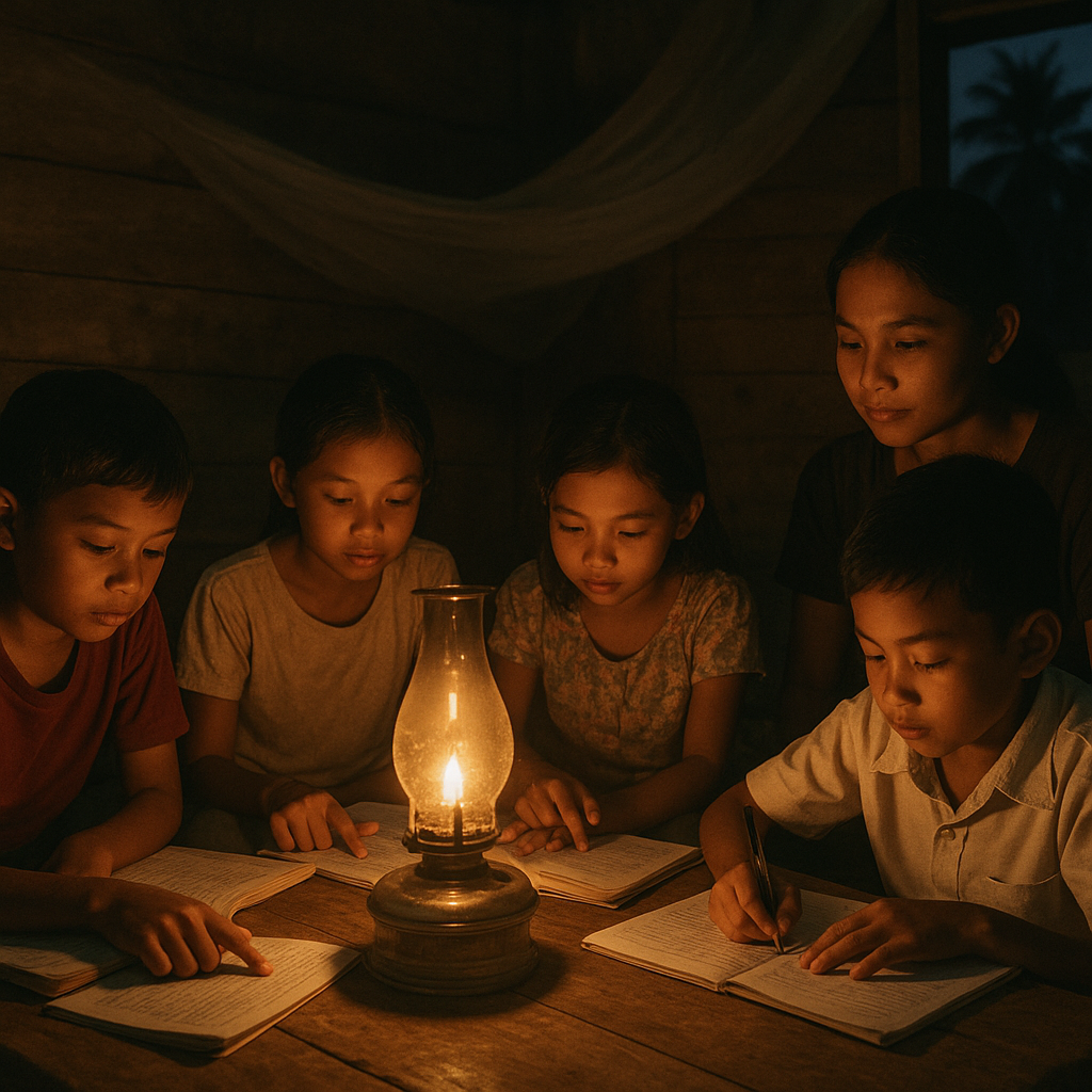 Anak-Anak di Perbatasan Riau Belajar di Bawah Lampu Minyak Tanah