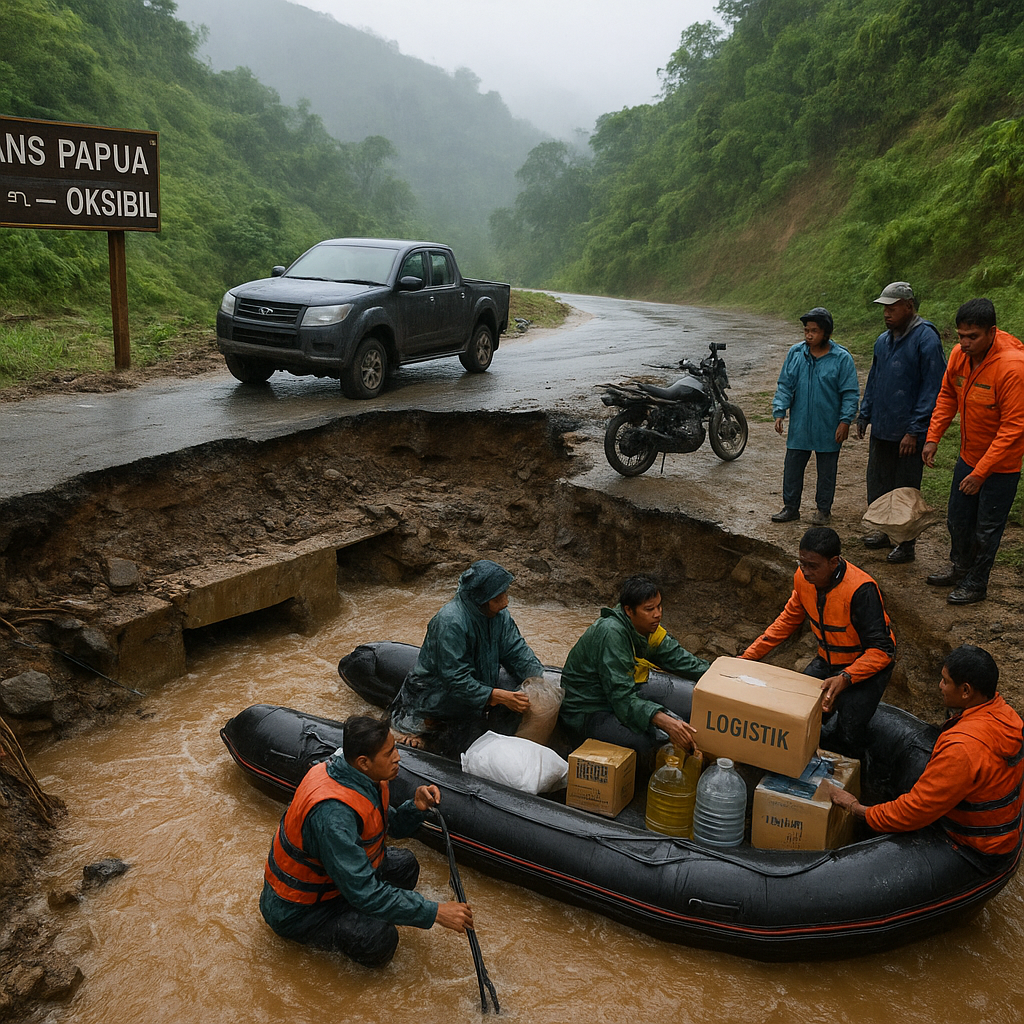 Jalan Trans Papua Terputus di Distrik Oksibil: Warga Gunakan Perahu Karet