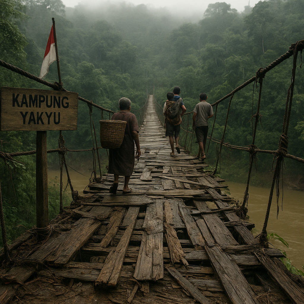 Jembatan Gantung Usang Penghubung Kampung di Perbatasan Papua