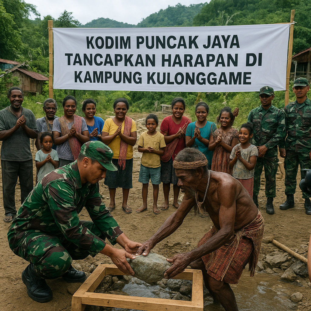 Kodim Puncak Jaya Tancapkan Harapan di Kampung Kulonggame, Peletakan Batu Pertama Jembatan Penghubung