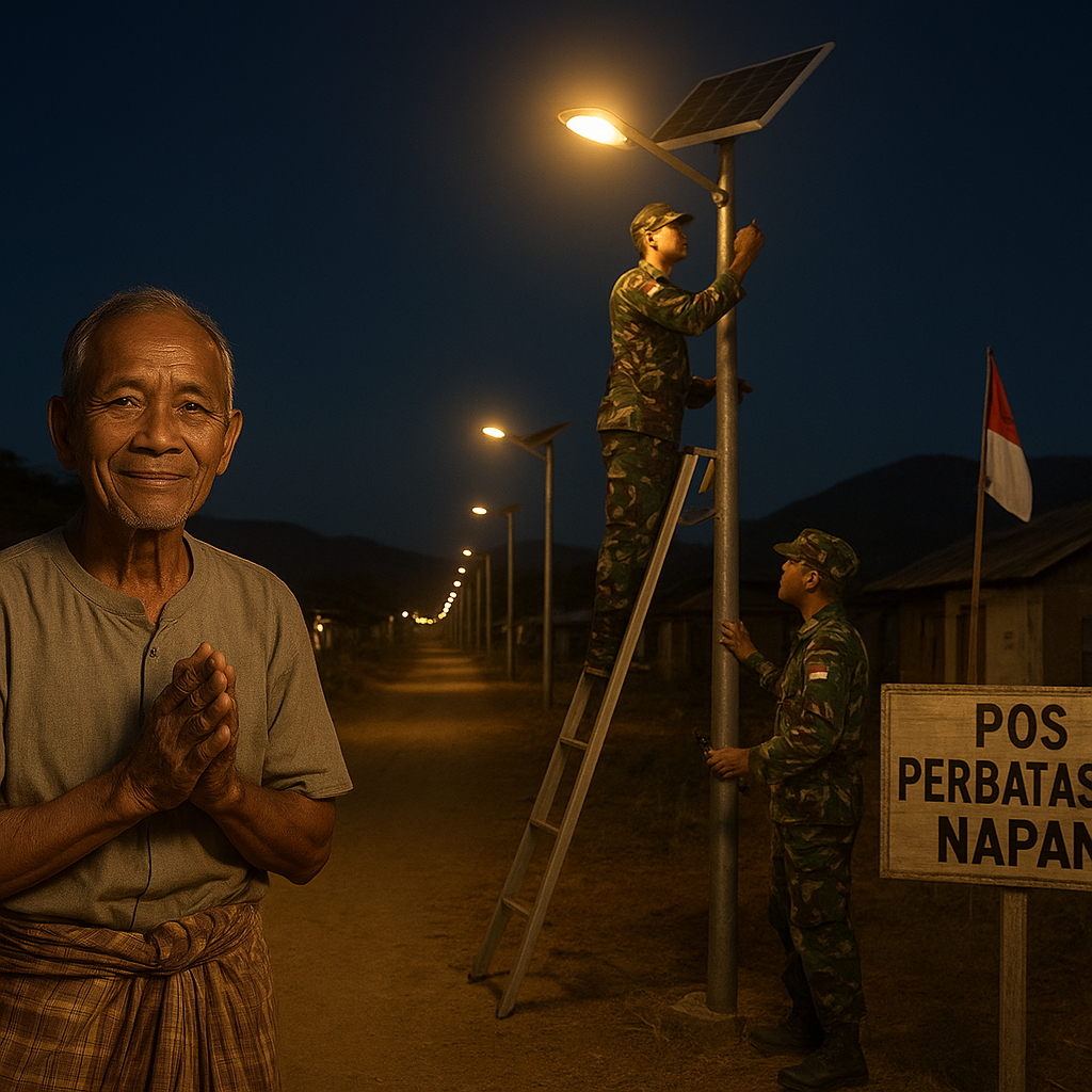 TNI Pasang Lampu Tenaga Surya di Pos Perbatasan NTT, Terangi Malam di Napan