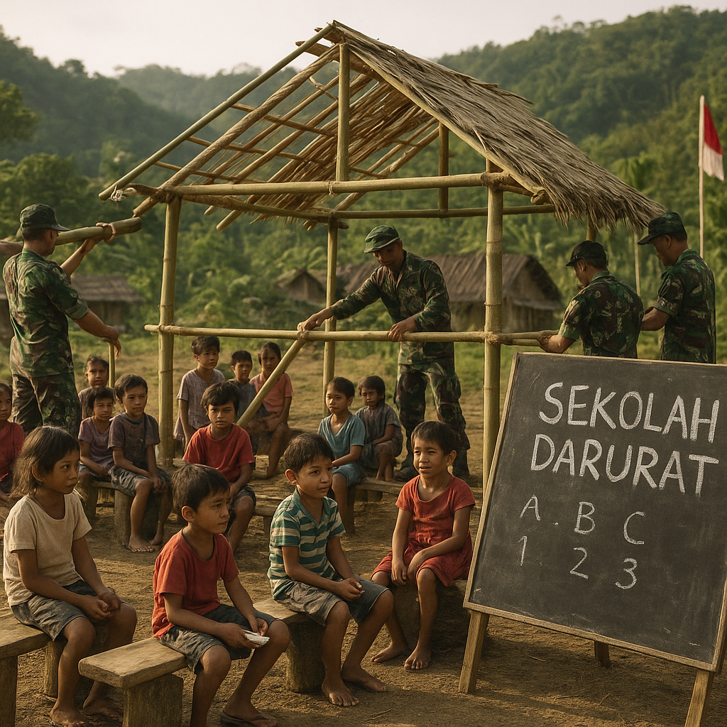 Prajurit TNI Bangun Sekolah Darurat dari Bambu untuk Anak-Anak Perbatasan