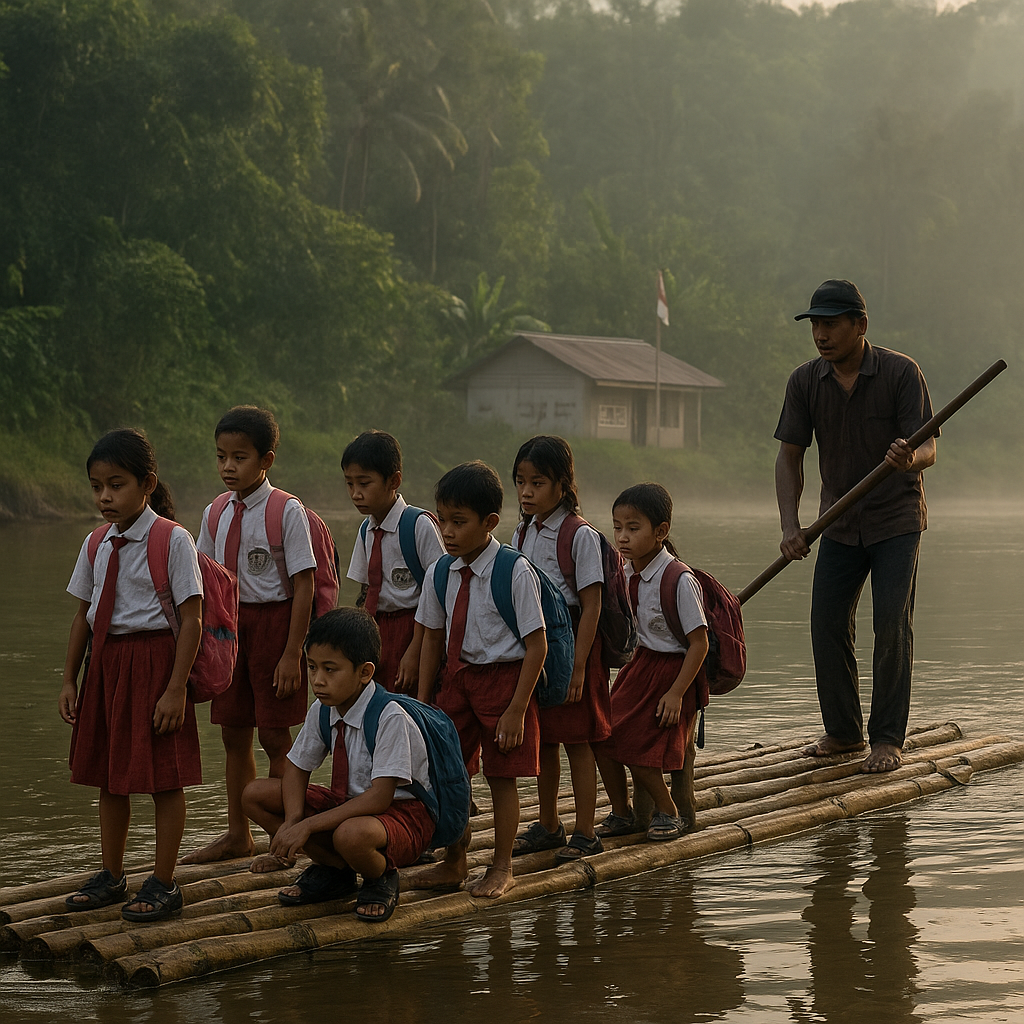 Di Perbatasan Kalimantan Barat, Anak-anak Sekolah Pakai Perahu Getek Menyeberangi Sungai