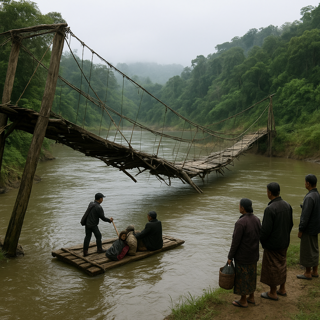 Jembatan Gantung Rusak Parah, Warga Perbatasan Entikong Terpaksa Menyeberang Sungai dengan Rakit