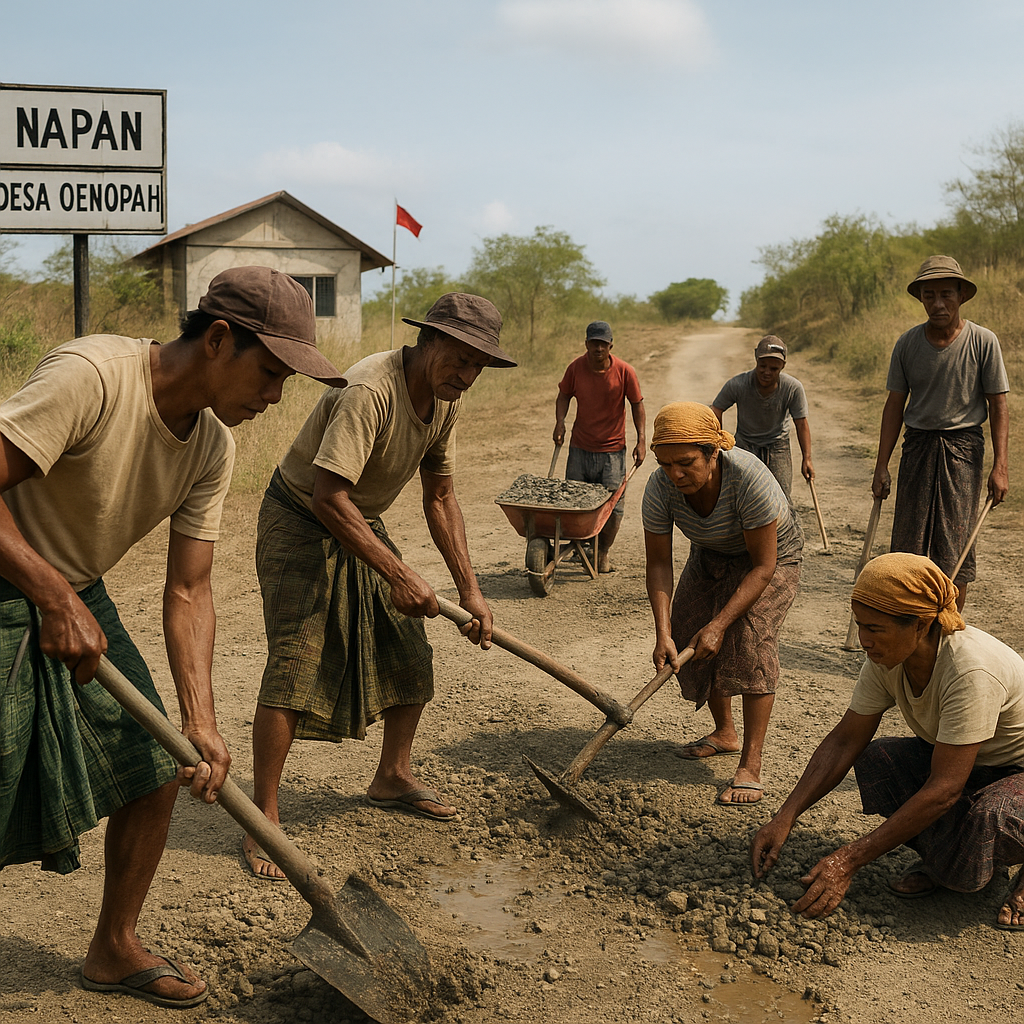 Warga Perbatasan Indonesia-Timor Leste Gotong Royong Perbaiki Jalan Rusak