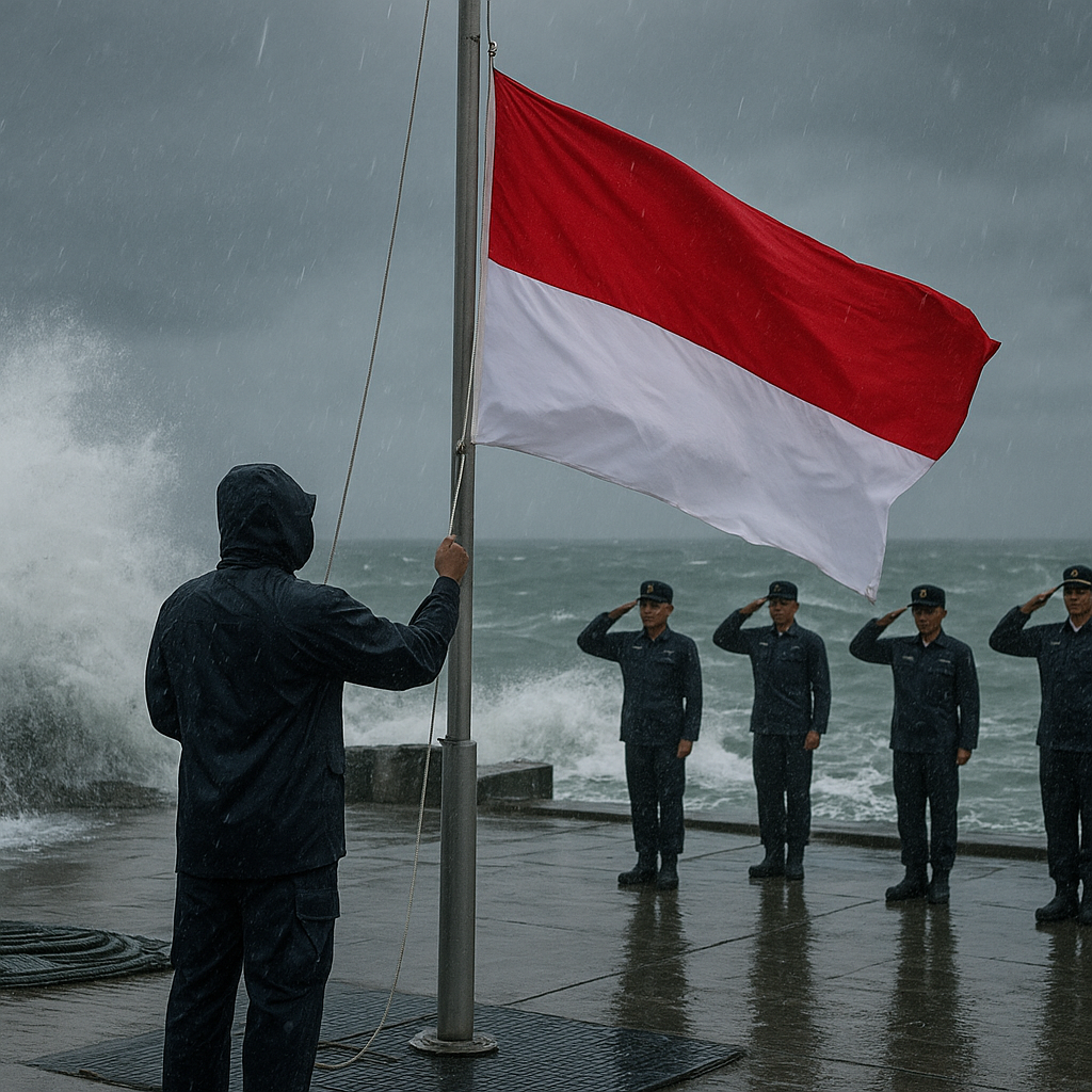 Upacara HUT TNI di Natuna, Kibarkan Bendera di Tengah Gelombang Tinggi