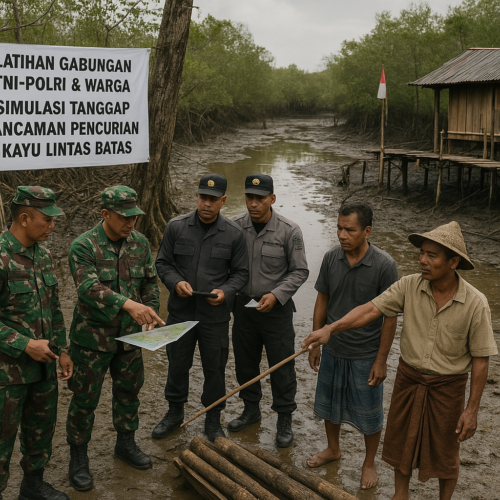 Latihan Gabungan TNI-Polri dan Warga Perbatasan di Sebatik: Simulasi Tanggap Ancaman Pencurian Kayu Lintas Batas